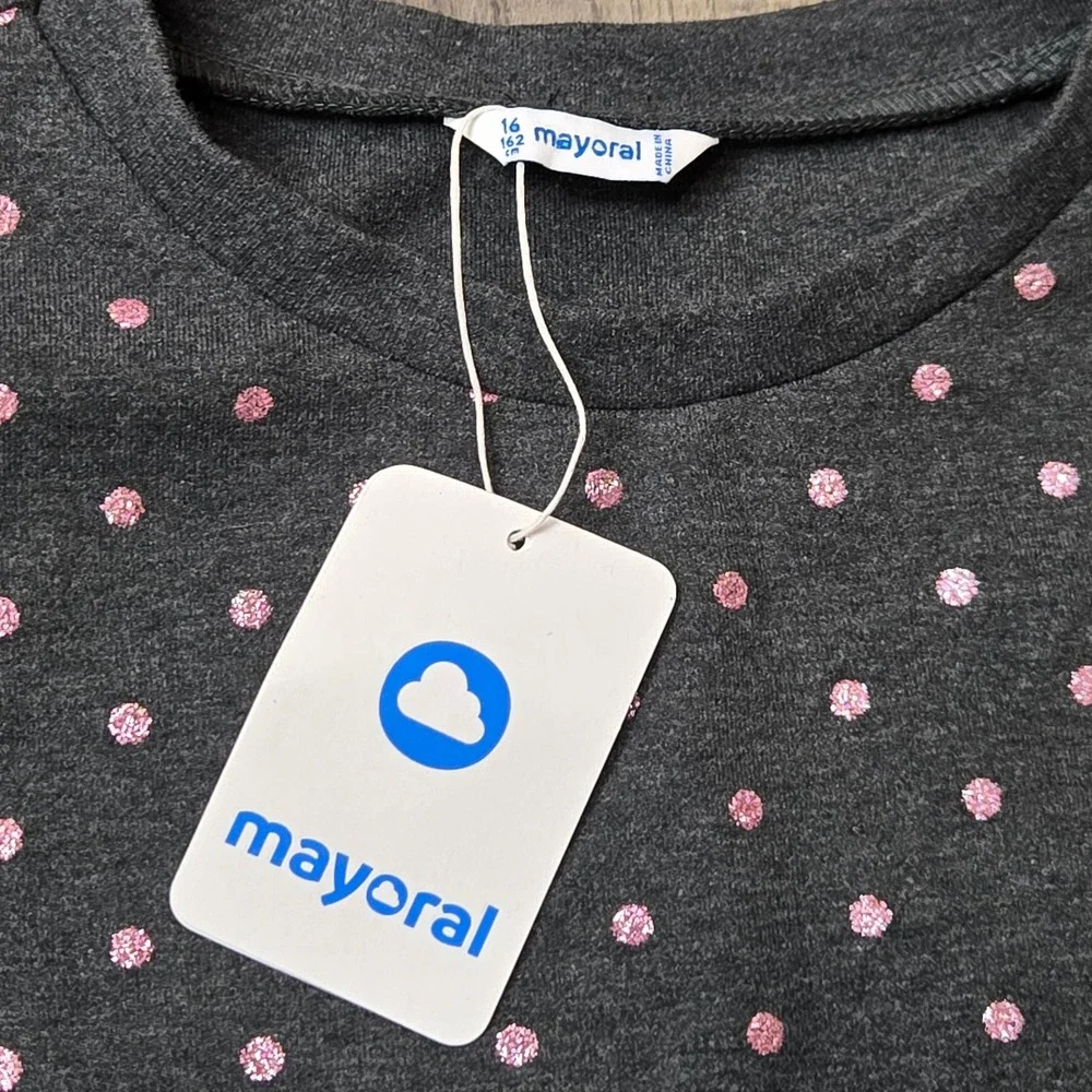 NWT Mayoral‎ Girls Gray Pink Glitter Polka Dot Pocket Sweatshirt Dress 16 Girls